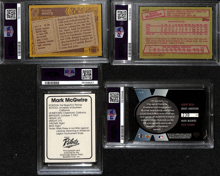 Lot of (4) PSA Graded Sports Cards inc. 1986 Topps Reggie White Rookie (PSA 9), 1985 Topps Mark McGwire Rookie (PSA 7), 1982 Anchorage Glacier Pilots Mark McGwire Rookie (PSA 7), +