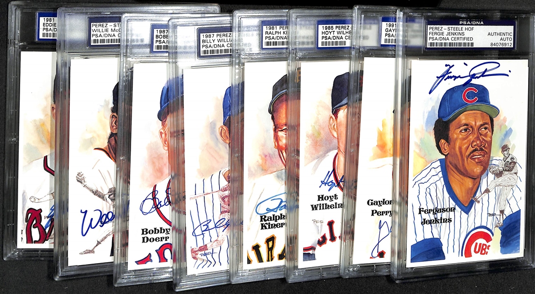 (8) Signed Perez-Steele HOF Postcards - Eddie Mathews, Willie McCovey, Bobby Doerr, Billy Williams, Ralph Kiner, Hoyt Wilhelm, Gaylord Perry, Fergie Jenkins (PSA/DNA Slabbed)