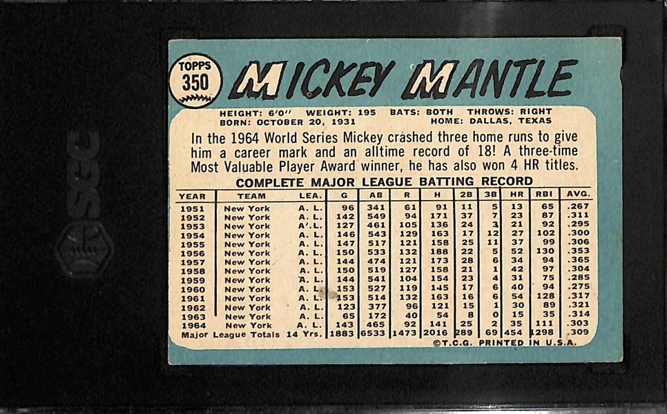 1965 Topps Mickey Mantle #350 Graded SGC 2.5