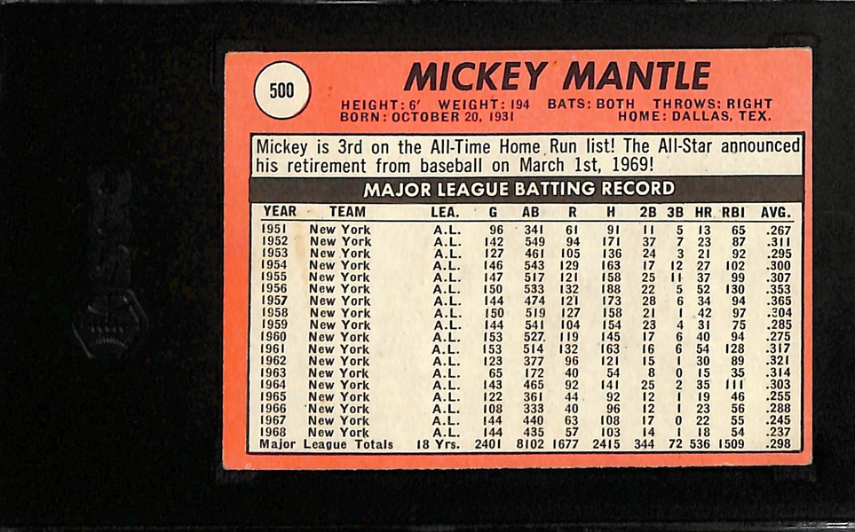 1969 Topps Mickey Mantle #500 Graded SGC 4