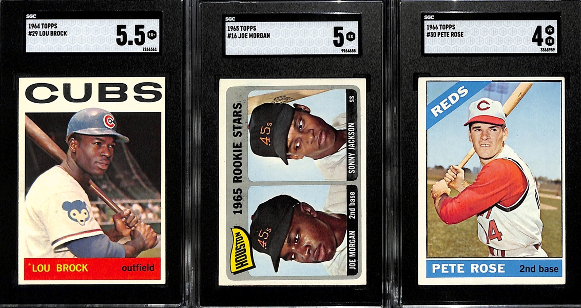 (3) Graded Topps Cards - 1964 Lou Brock (SGC 5.5), 1965 Joe Morgan Rookie (SGC 5), 1966 Pete Rose (SGC 4)