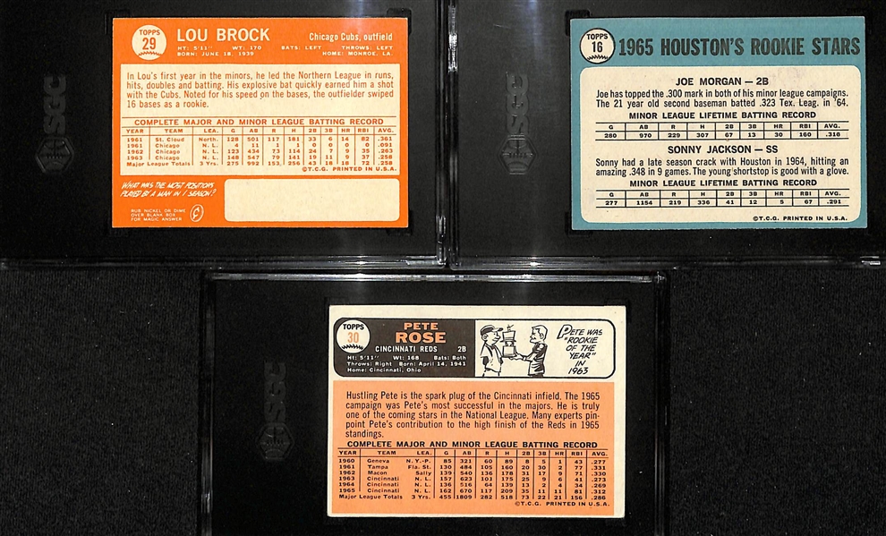 (3) Graded Topps Cards - 1964 Lou Brock (SGC 5.5), 1965 Joe Morgan Rookie (SGC 5), 1966 Pete Rose (SGC 4)