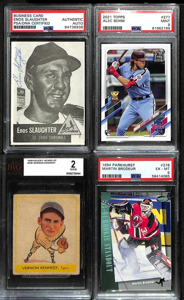 Lot of (12) Graded Sports Cards & Grouping of (20) Raw Sports & Non-Sports Cards w. Enos Slaughter Signed Business Card (PSA) & 2021 Topps Alec Bohm PSA 9