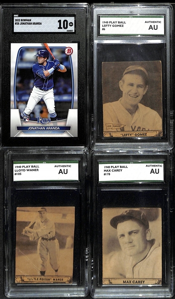 Lot of (12) Graded Sports Cards & Grouping of (20) Raw Sports & Non-Sports Cards w. Enos Slaughter Signed Business Card (PSA) & 2021 Topps Alec Bohm PSA 9