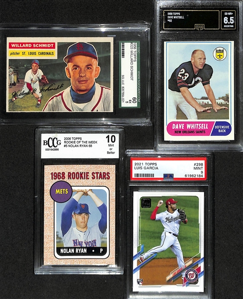 Lot of (12) Graded Sports Cards & Grouping of (20) Raw Sports & Non-Sports Cards w. Enos Slaughter Signed Business Card (PSA) & 2021 Topps Alec Bohm PSA 9