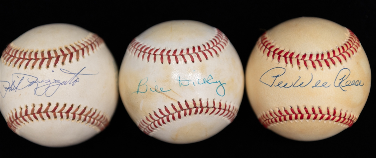 Lot of (3) Single Signed Hall of Fame Baseballs w. Rizzuto, Reese, & Dickey - JSA Auction Letter