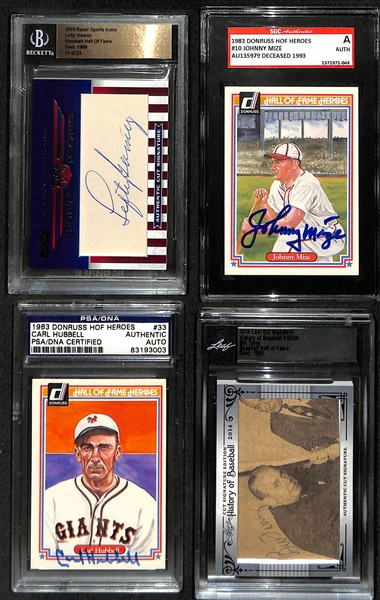 Lot of (4) Slabbed HOF Signed Baseball Cards w. Gomez, Mize, Hubbell, Terry (BGS, SGC, PSA/DNA, Leaf)