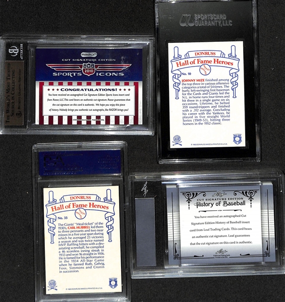 Lot of (4) Slabbed HOF Signed Baseball Cards w. Gomez, Mize, Hubbell, Terry (BGS, SGC, PSA/DNA, Leaf)