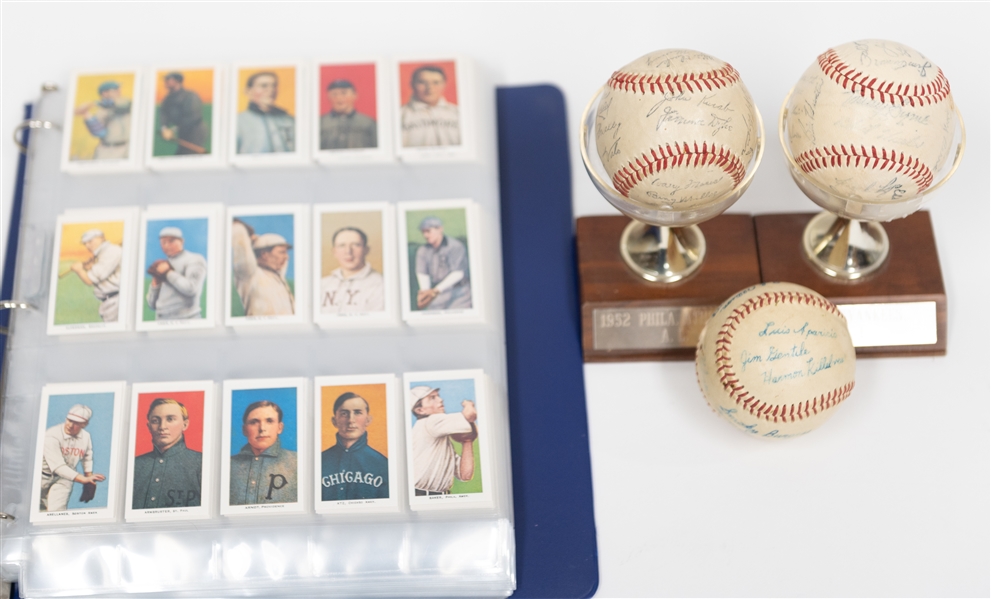 1909 T206 Reprint Factory Set of 524 Cards & (3) Stamped/Secretarial Signed Baseballs of 1952 A's & 1955 Yankees