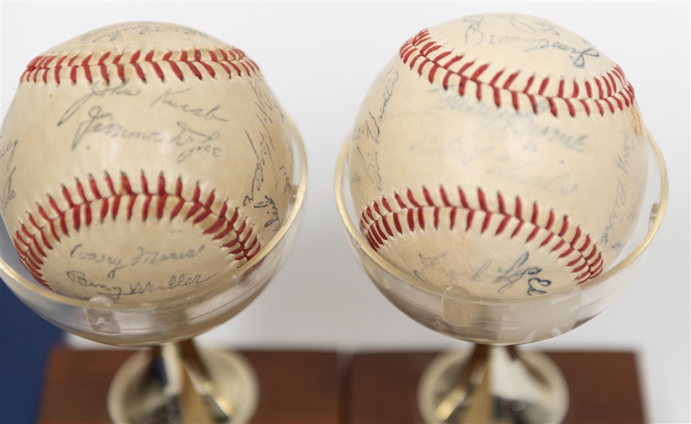 1909 T206 Reprint Factory Set of 524 Cards & (3) Stamped/Secretarial Signed Baseballs of 1952 A's & 1955 Yankees