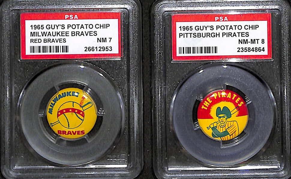 (20) 1965 & (17) 1966 Guy's Potato Chip MLB Team Pins w. 1965 Pirates PSA 8 & Braves PSA 7