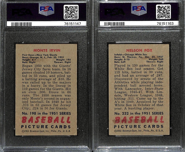 1951 Bowman Rookie Lot - Monte Irvin #198 (PSA 3) & Nelson Nellie Fox #232 (PSA 4)