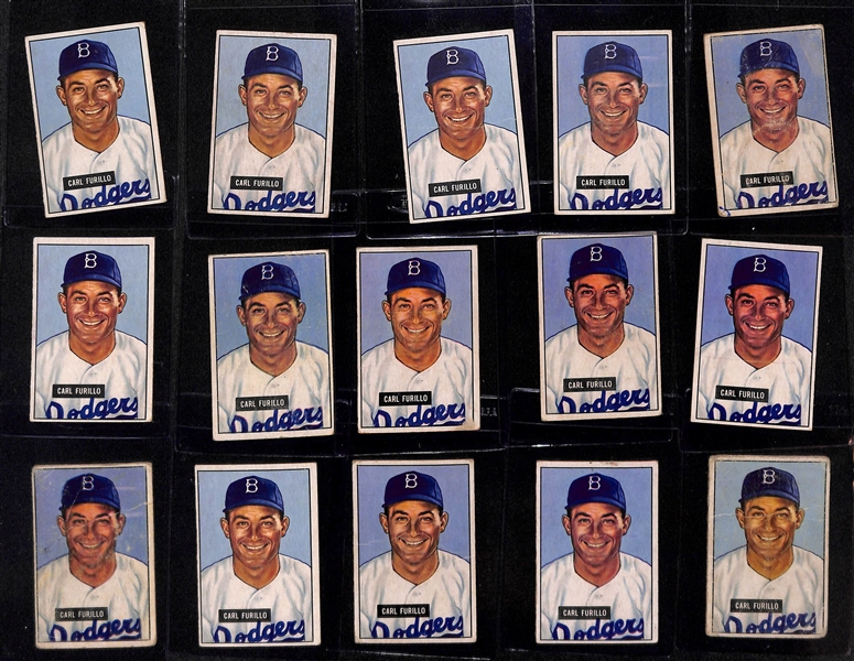 (56) 1951 Bowman Brooklyn Dodgers Cards w. (10) Cox, (14) Bankhead, (8) Hermanski, (9) Branca, (15) Furillo