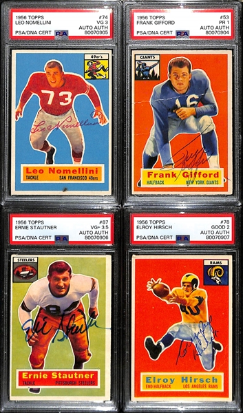 (4) Signed 1956 Topps Football Cards (Leo Nomellini PSA 3, Frank Gifford PSA 1, Ernie Stautner PSA 3.5, Elroy Hirsch PSA 2) - All Autographs Graded Authentic