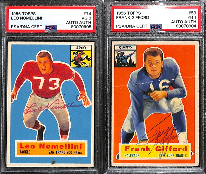 (4) Signed 1956 Topps Football Cards (Leo Nomellini PSA 3, Frank Gifford PSA 1, Ernie Stautner PSA 3.5, Elroy Hirsch PSA 2) - All Autographs Graded Authentic