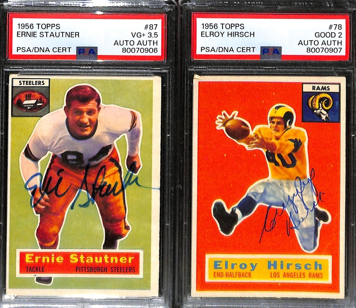 (4) Signed 1956 Topps Football Cards (Leo Nomellini PSA 3, Frank Gifford PSA 1, Ernie Stautner PSA 3.5, Elroy Hirsch PSA 2) - All Autographs Graded Authentic