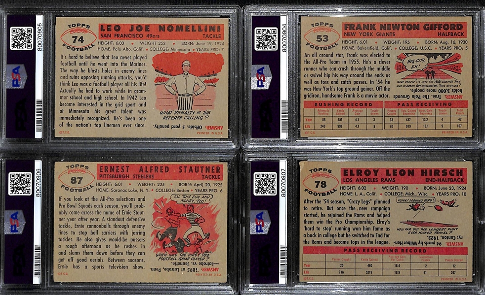 (4) Signed 1956 Topps Football Cards (Leo Nomellini PSA 3, Frank Gifford PSA 1, Ernie Stautner PSA 3.5, Elroy Hirsch PSA 2) - All Autographs Graded Authentic