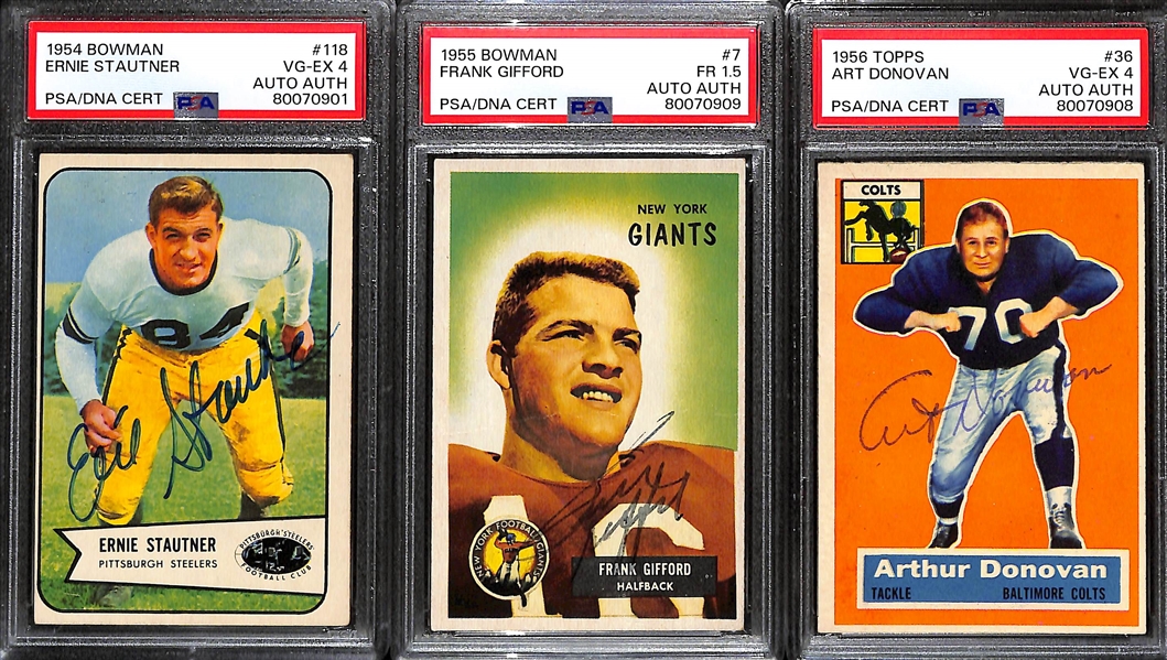 (3) Signed Football Cards - 1954 Bowman Ernie Stautner PSA 4, 1955 Bowman Frank Gifford PSA 1.5, 1955 Topps Art Donovan PSA 4 (All Autographs Graded Authentic)