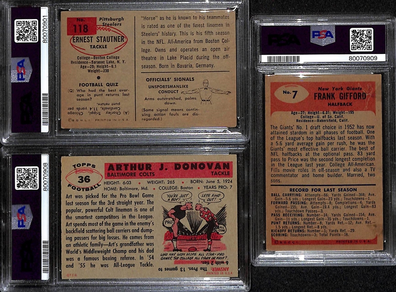 (3) Signed Football Cards - 1954 Bowman Ernie Stautner PSA 4, 1955 Bowman Frank Gifford PSA 1.5, 1955 Topps Art Donovan PSA 4 (All Autographs Graded Authentic)