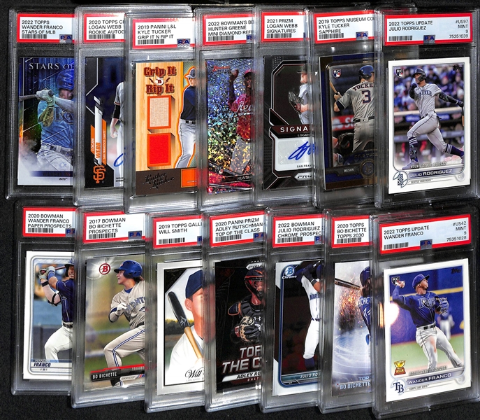 Lot of (14) PSA Graded 9 Ultra Modern Baseball Cards w/ Mostly Rookies inc. 2022 Topps Update Julio Rodriguez Rookie, 2019 Museum Collection Kyle Tucker Sapphire Rookie (#/150), +