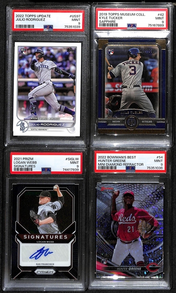 Lot of (14) PSA Graded 9 Ultra Modern Baseball Cards w/ Mostly Rookies inc. 2022 Topps Update Julio Rodriguez Rookie, 2019 Museum Collection Kyle Tucker Sapphire Rookie (#/150), +