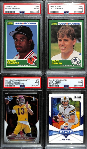 Lot of (19) PSA Graded 9 Football Rookie Cards inc. 1989 Score Deion Sanders, 1989 Score Troy Aikman, 2022 Bowman Chrome University Caleb Williams, +