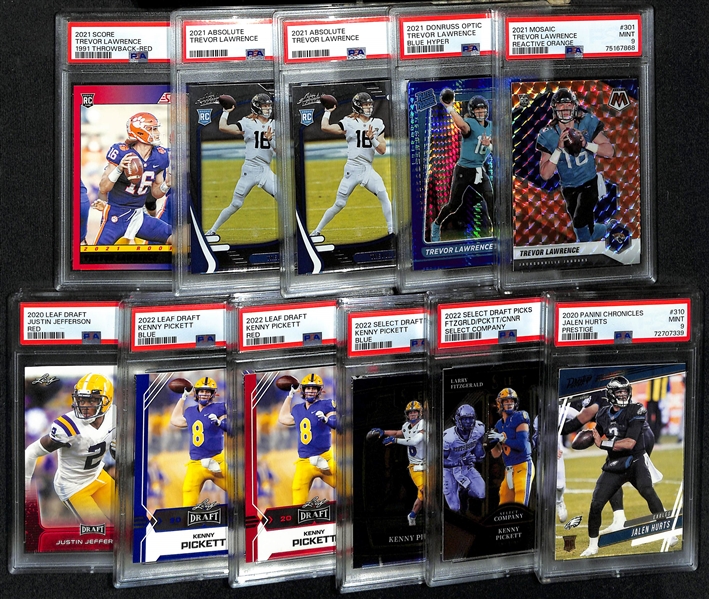 Lot of (11) PSA Graded Football Rookie Cards inc. (5) Trevor Lawrence, Jalen Hurts, (4) Kenny Pickett, (1) Justin Jefferson - All PSA 9