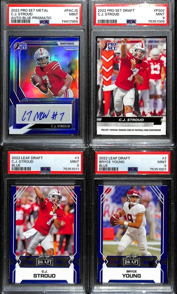 Lot of (11) PSA Graded Football Rookie Cards in. CJ Stroud Leaf Autograph (#/35), (3) Bryce Young, (5) Justin Fields, + - All PSA 9