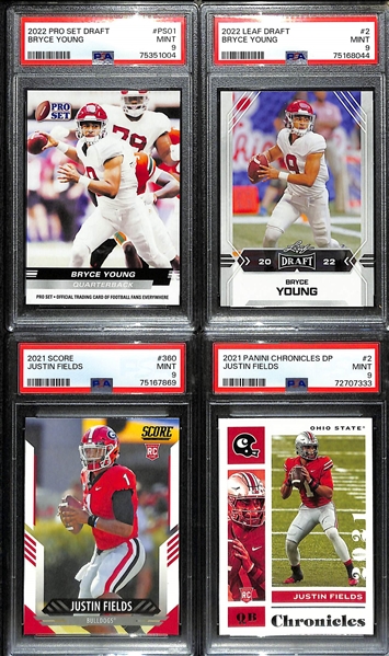 Lot of (11) PSA Graded Football Rookie Cards in. CJ Stroud Leaf Autograph (#/35), (3) Bryce Young, (5) Justin Fields, + - All PSA 9
