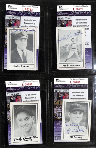 Lot of (18) Signed Baseball Old-Timer Cards w. Dickey, Lindstrom, Conlan, (2) Averill, Cronin, Coveleski, Dahlgren, + (Each w. JSA COA or Sticker) 