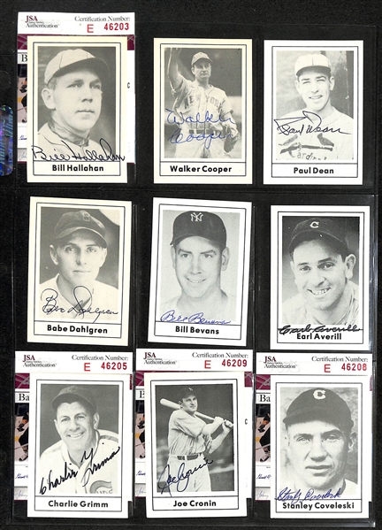 Lot of (18) Signed Baseball Old-Timer Cards w. Dickey, Lindstrom, Conlan, (2) Averill, Cronin, Coveleski, Dahlgren, + (Each w. JSA COA or Sticker) 