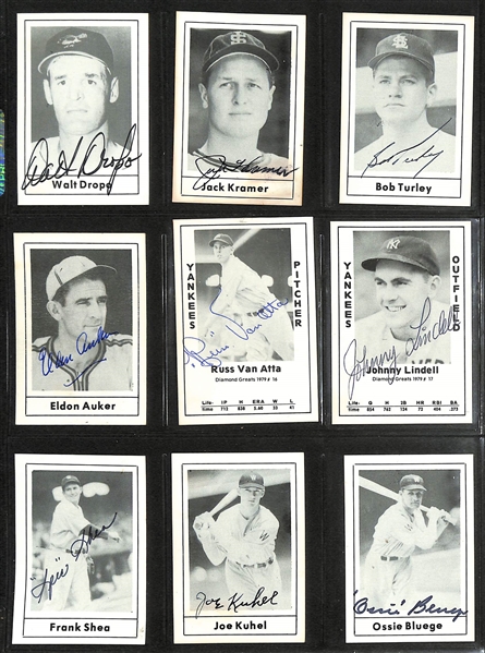 Lot of (36) Signed Baseball Old-Timer Cards w. Rizzuto, Larsen, Selkirk, Rosen, Lopez, Chapman, Pipgrass, E. Howard, and Sewell - JSA Auction Letter