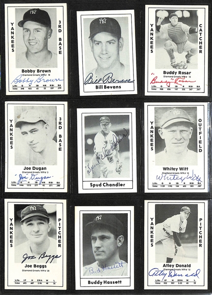 Lot of (36) Signed Baseball Old-Timer Cards w. Rizzuto, Larsen, Selkirk, Rosen, Lopez, Chapman, Pipgrass, E. Howard, and Sewell - JSA Auction Letter