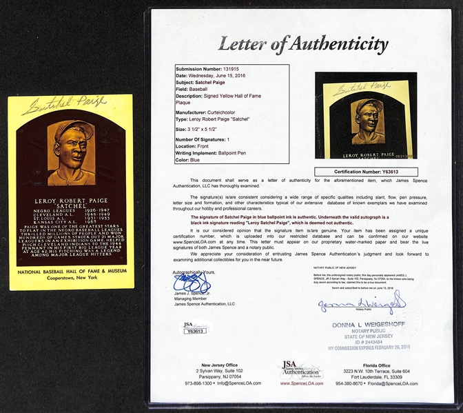 Satchel Paige Signed Yellow Hall of Fame Plaque (Full JSA Letter of Authenticity)