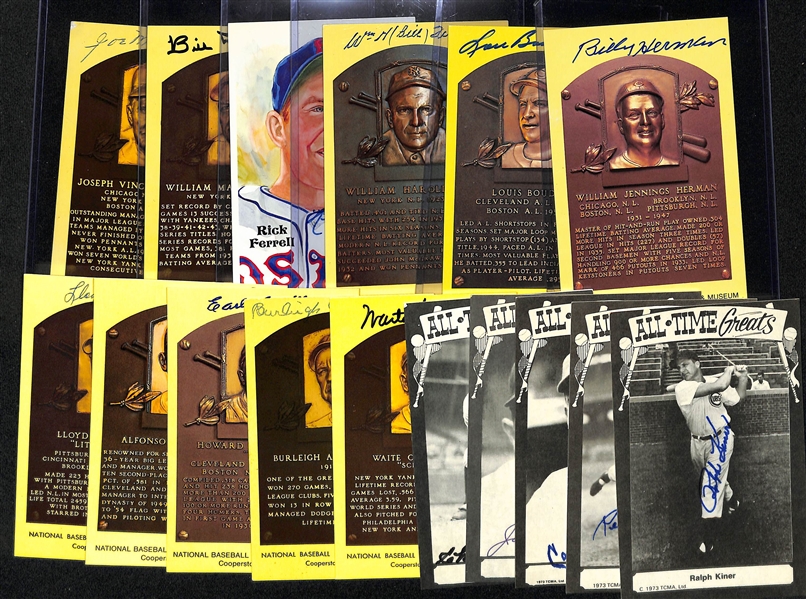 (16) Signed Hall of Fame Postcards w. Joe McCarthy, Bill Dickey, Rick Ferrell, Bill Terry, Louis Boudreau, and William Herman, + (JSA Auction Letter)