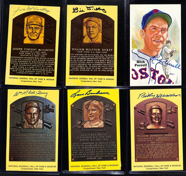 (16) Signed Hall of Fame Postcards w. Joe McCarthy, Bill Dickey, Rick Ferrell, Bill Terry, Louis Boudreau, and William Herman, + (JSA Auction Letter)