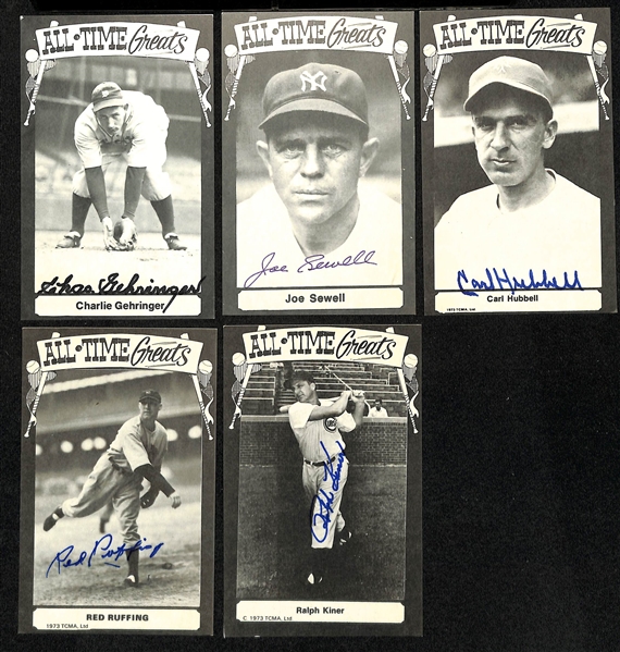 (16) Signed Hall of Fame Postcards w. Joe McCarthy, Bill Dickey, Rick Ferrell, Bill Terry, Louis Boudreau, and William Herman, + (JSA Auction Letter)