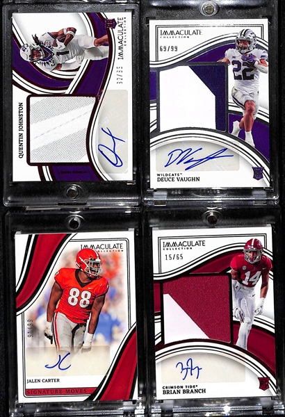 Lot of (4) 2023 Immaculate Collegiate Rookie Autograph Cards inc. Quentin Johnston Patch (#/65), Deuce Vaughn Patch (#/99), Jalen Carter (#/99), Brian Branch Patch (#/65)