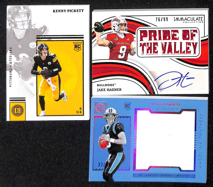 Lot of (9) 2022 Encased and 2023 Immaculate Football Cards inc. Encased Aiden Hutchinson Autograph Rookie Patch (#/50), Immaculate Max Duggan Autograph Rookie Patch (#/99), +