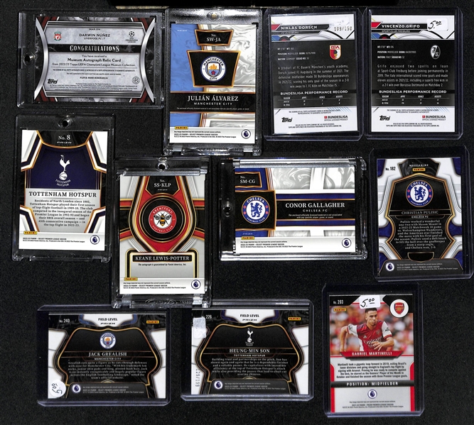 Lot of (11) Soccer Cards inc. 2022-23 Museum Collection Darwin Nunez Autograph Patch (#/99), 2022-23 Select Julian Alvarez Rookie Patch, +