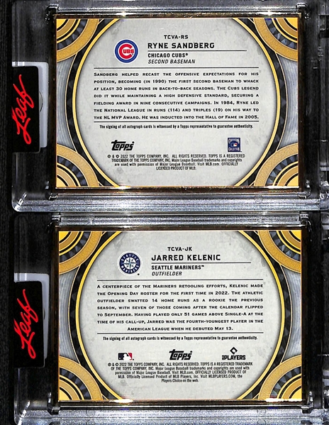 Lot of (2) 2022 Topps Transcendent Baseball Autographs- Ryne Sandberg Green (#/15) and Jarred Kelenic (#/20) 