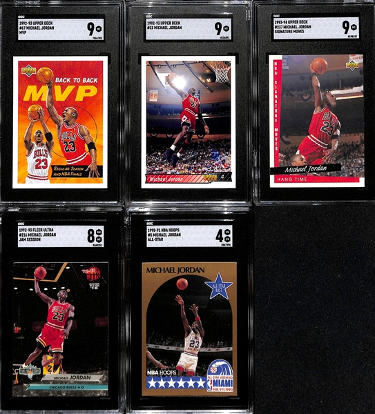 Lot of (5) SGC Graded 1990s Michael Jordan Cards inc. 1992-93 Upper Deck Back To Back MVP (SGC 9), 1992-93 Upper Deck (SGC 9), +