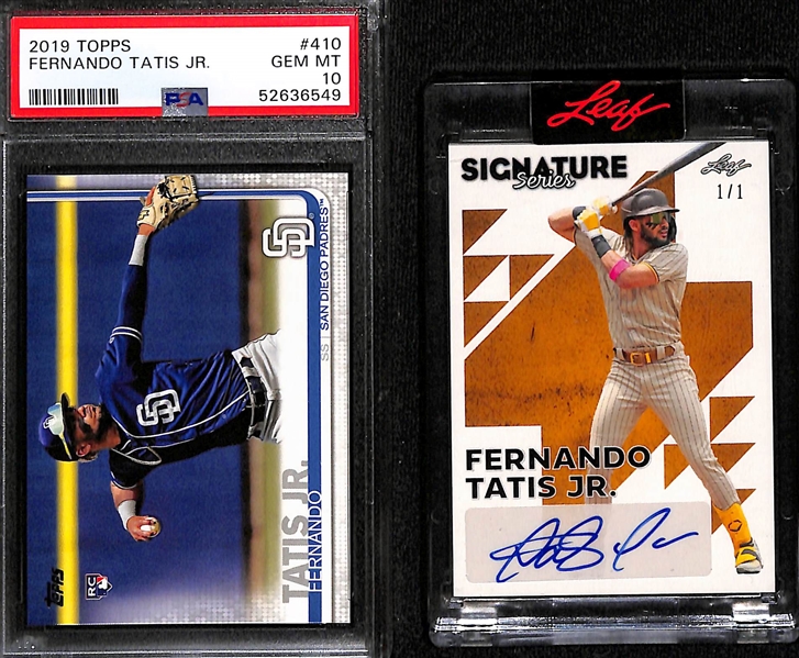 Lot of (2) Fernando Tatis Jr Cards- 2019 Topps Rookie (PSA 10), 2023 Leaf Signature Series Autograph (#/1)