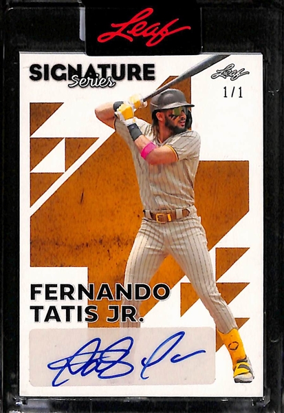 Lot of (2) Fernando Tatis Jr Cards- 2019 Topps Rookie (PSA 10), 2023 Leaf Signature Series Autograph (#/1)