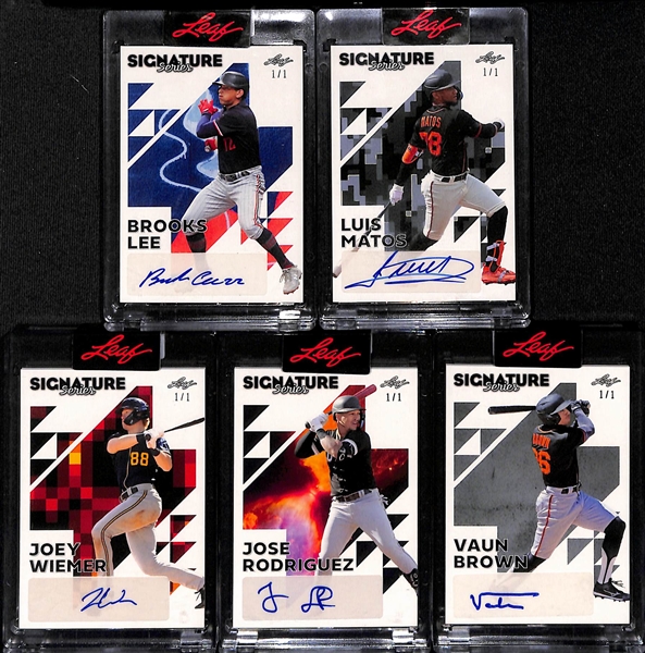 Lot of (5) 2023 Leaf Signature Series Baseball 1/1 Rookie Autographs- Brooks Lee, Luis Matos, Joey Wiemer, Jose Rodriguez, Vaun Brown