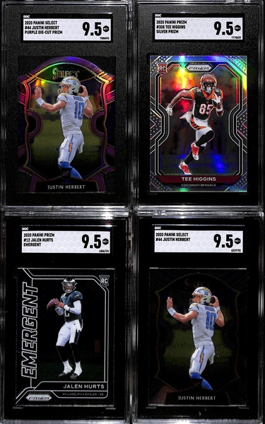 Lot of (4) SGC Graded 2020 Football Rookie Cards inc. Select Justin Herbert Purple Die Cut (SGC 9.5), Prizm Tee Higgins Silver (SGC 9.5), +