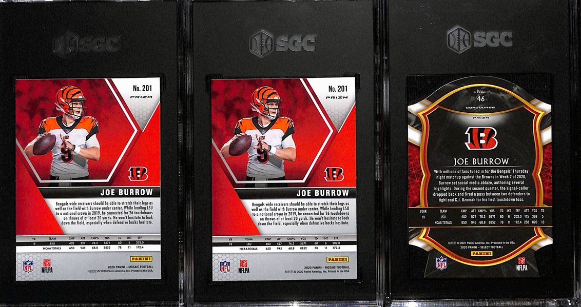 Lot of (3) SGC Graded Joe Burrow 2020 Panini Rookie Parallel Cards- Mosaic Silver (SGC 9.5), Mosaic Blue Reactive (SGC 8.5), Select Purple Die Cut (SGC 8.5)