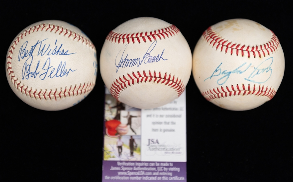 Lot of (3) Hall of Fame Signed Baseballs- Johnny Bench,  Gaylord Perry, Bob Feller (Best Wishes Inscription) - JSA Auction Letter