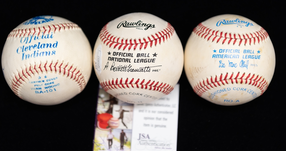 Lot of (3) Hall of Fame Signed Baseballs- Johnny Bench,  Gaylord Perry, Bob Feller (Best Wishes Inscription) - JSA Auction Letter