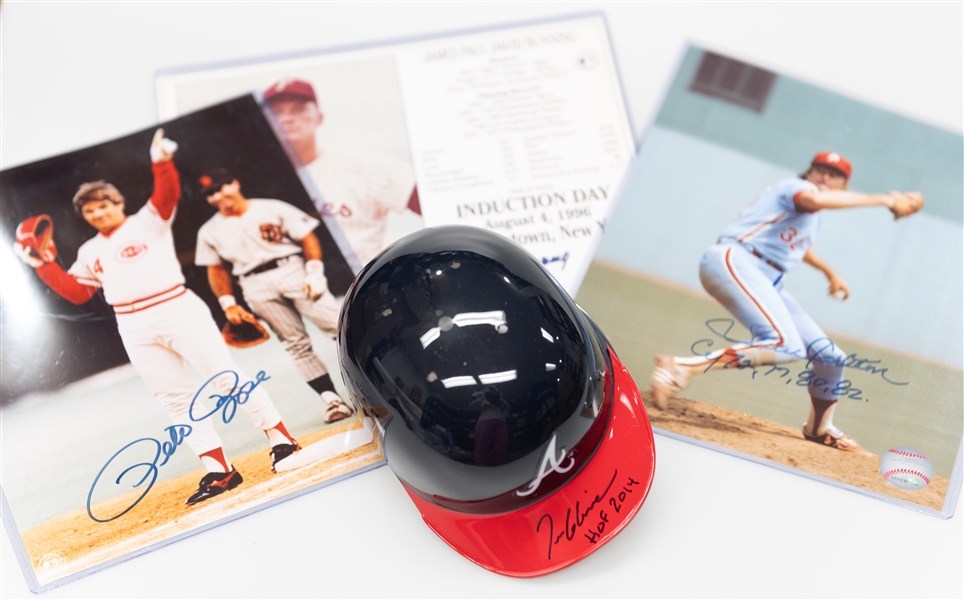 Lot of (4) Hall of Fame Signed Baseball Memorabilia - Tom Glavine Mini Helmet, Pete Rose Photo, Steve Carlton Photo, David Bunning Photo (JSA Auction Letter)